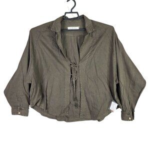 Womens We The Free Brown Tie-Front Blouse Top Long Sleeve Cotton Blend Size L